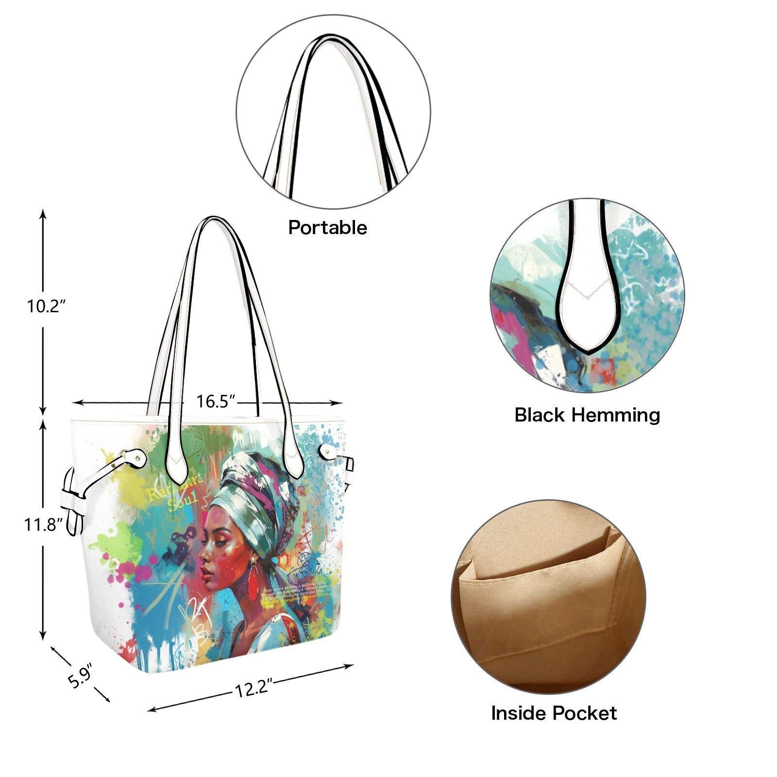 PU Leather Tote Bag with Vibrant Woman Portrait - One Size - Tote bags