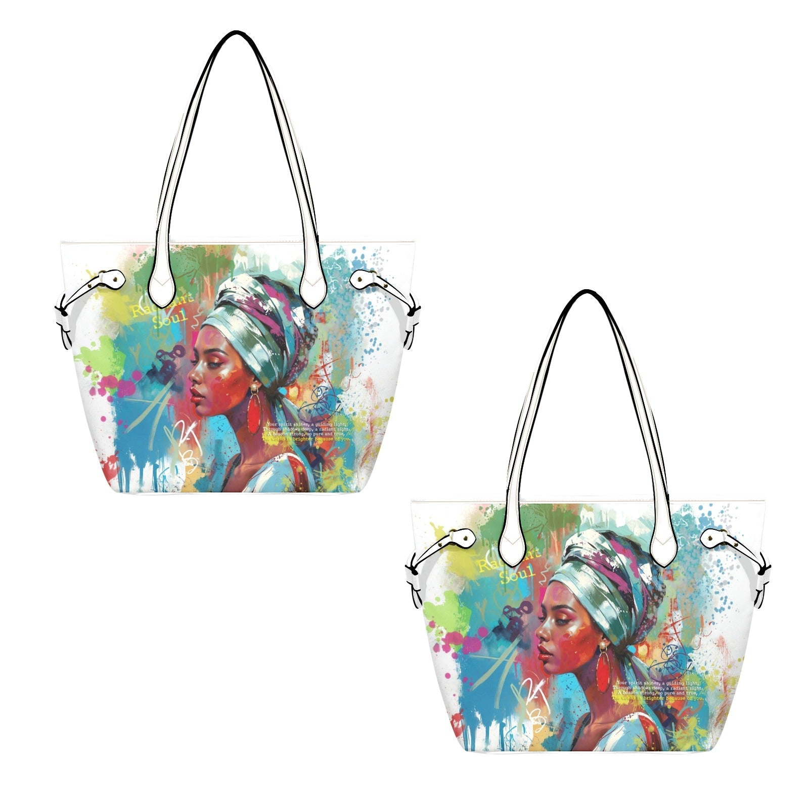 PU Leather Tote Bag with Vibrant Woman Portrait - One Size - Tote bags