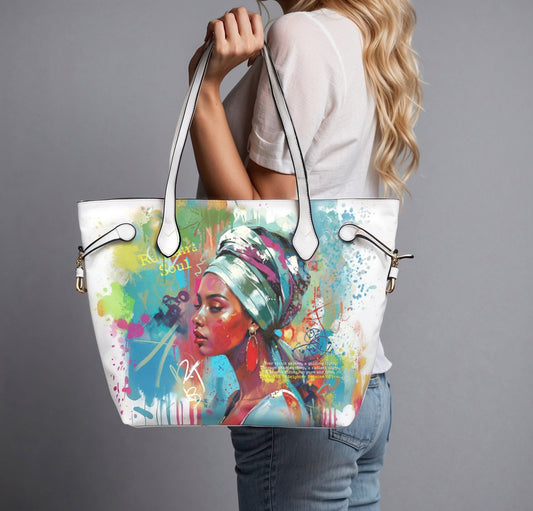 PU Leather Tote Bag with Vibrant Woman Portrait - One Size - Tote bags