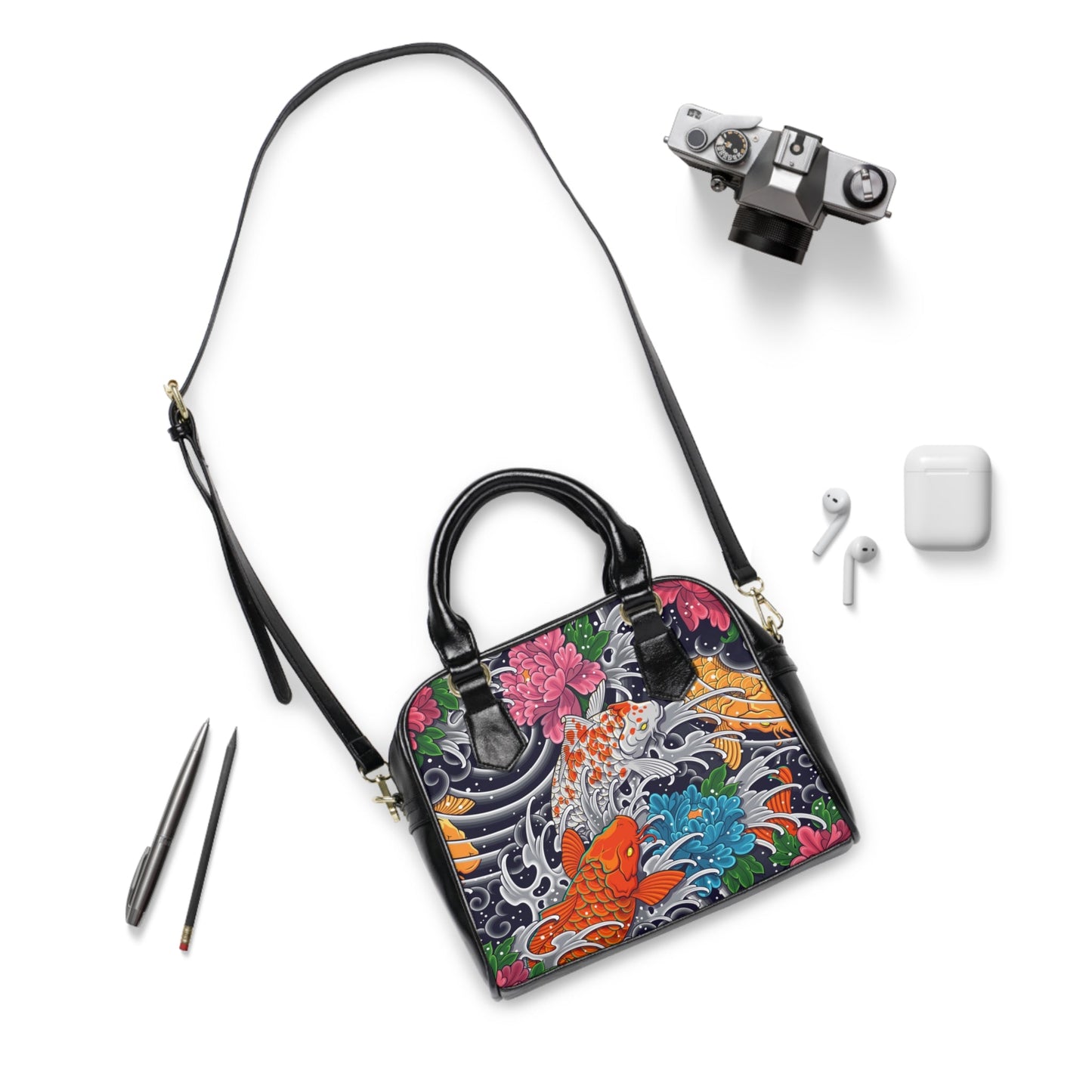 PU LeatherShoulder Handbag - Japanese Art - 9.45’’ x 8.27’’ / Black - Bags