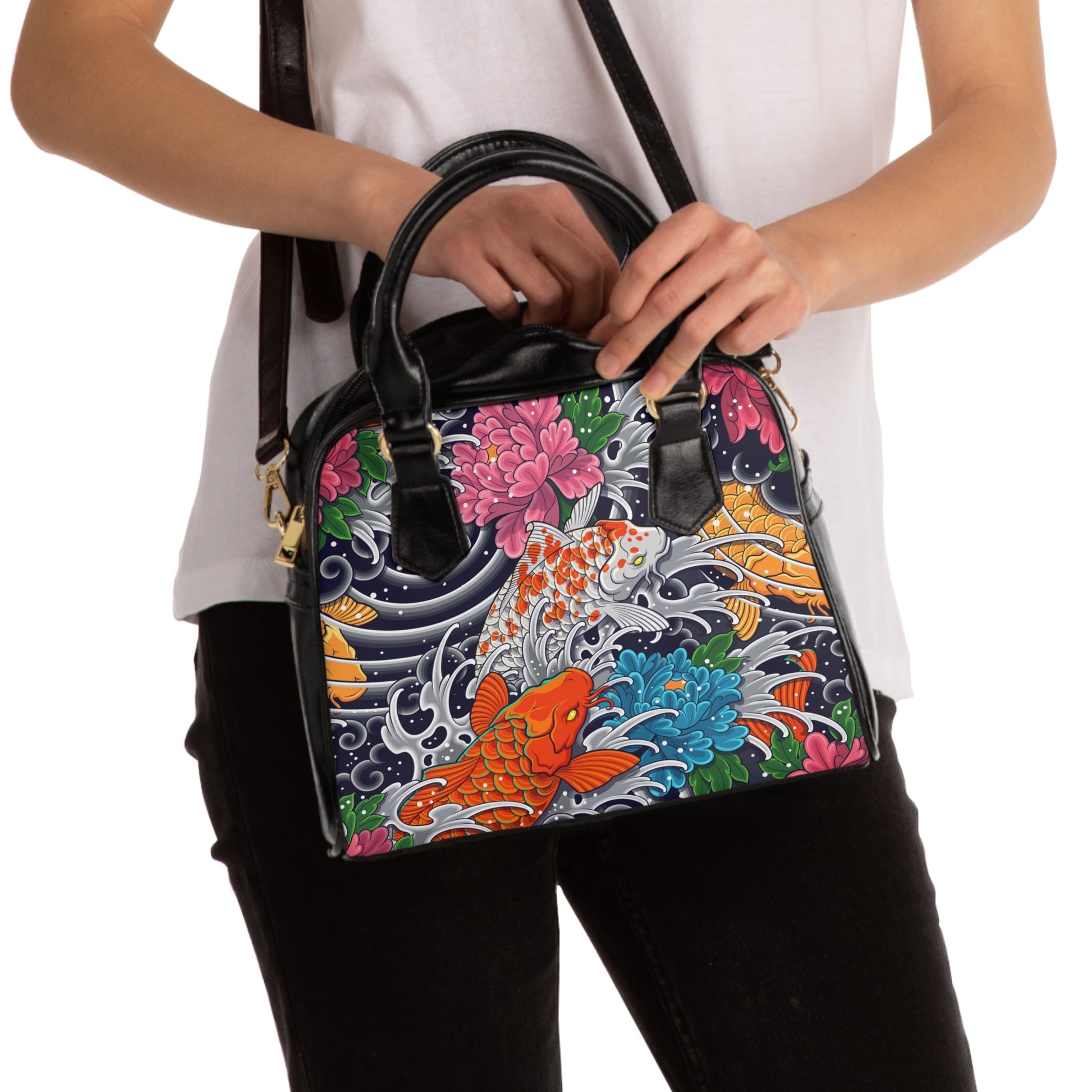 PU LeatherShoulder Handbag - Japanese Art - 9.45’’ x 8.27’’ / Black - Bags