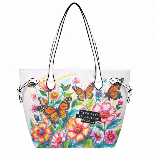 Vibrant Butterfly & Floral Tote Bag - PU Leather Carryall