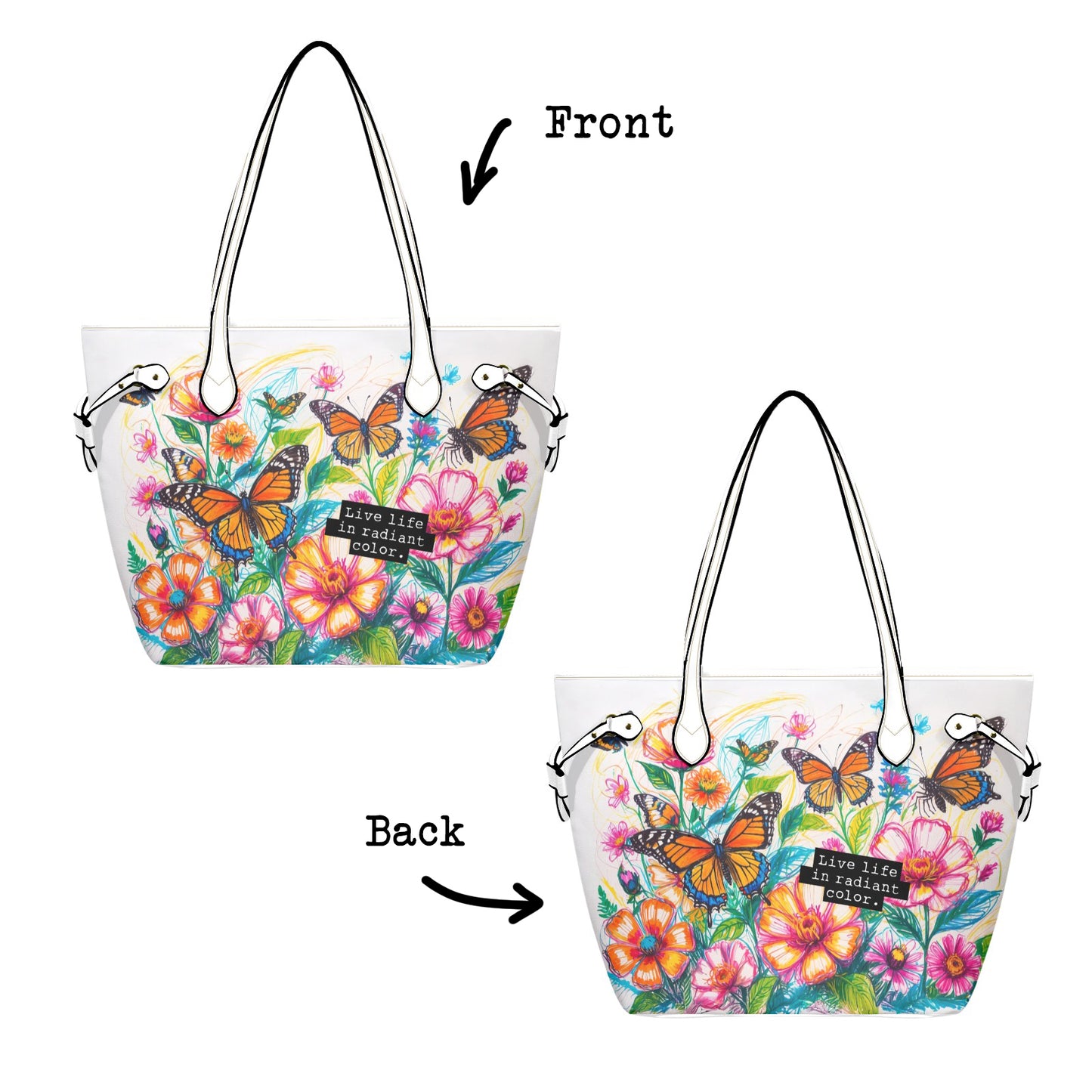 Vibrant Butterfly & Floral Tote Bag - PU Leather Carryall