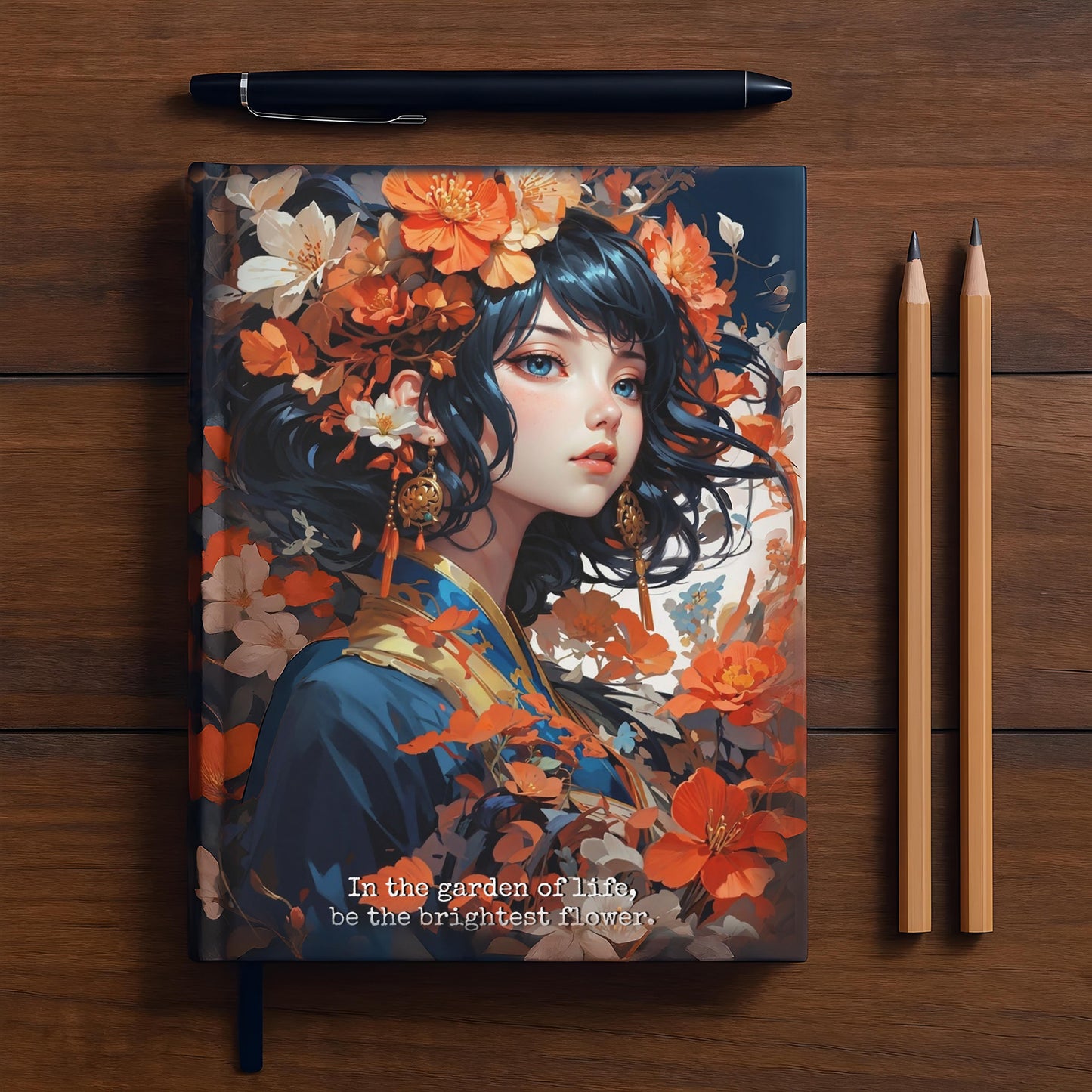 Hardcover Journal Matte - Japanese Girl in Kimono Floral Art Notebook, A5