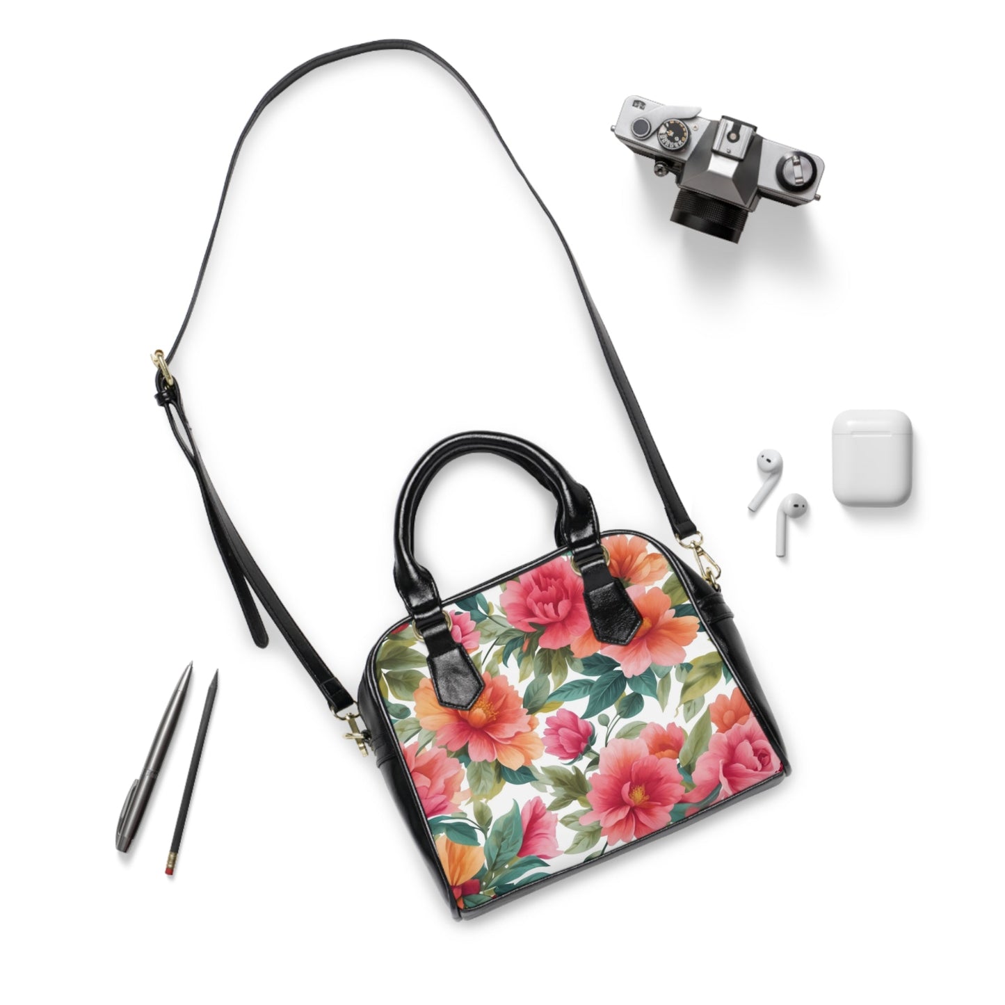 Shoulder Handbag - Floral - 9.45’’ x 8.27’’ / Black - Bags