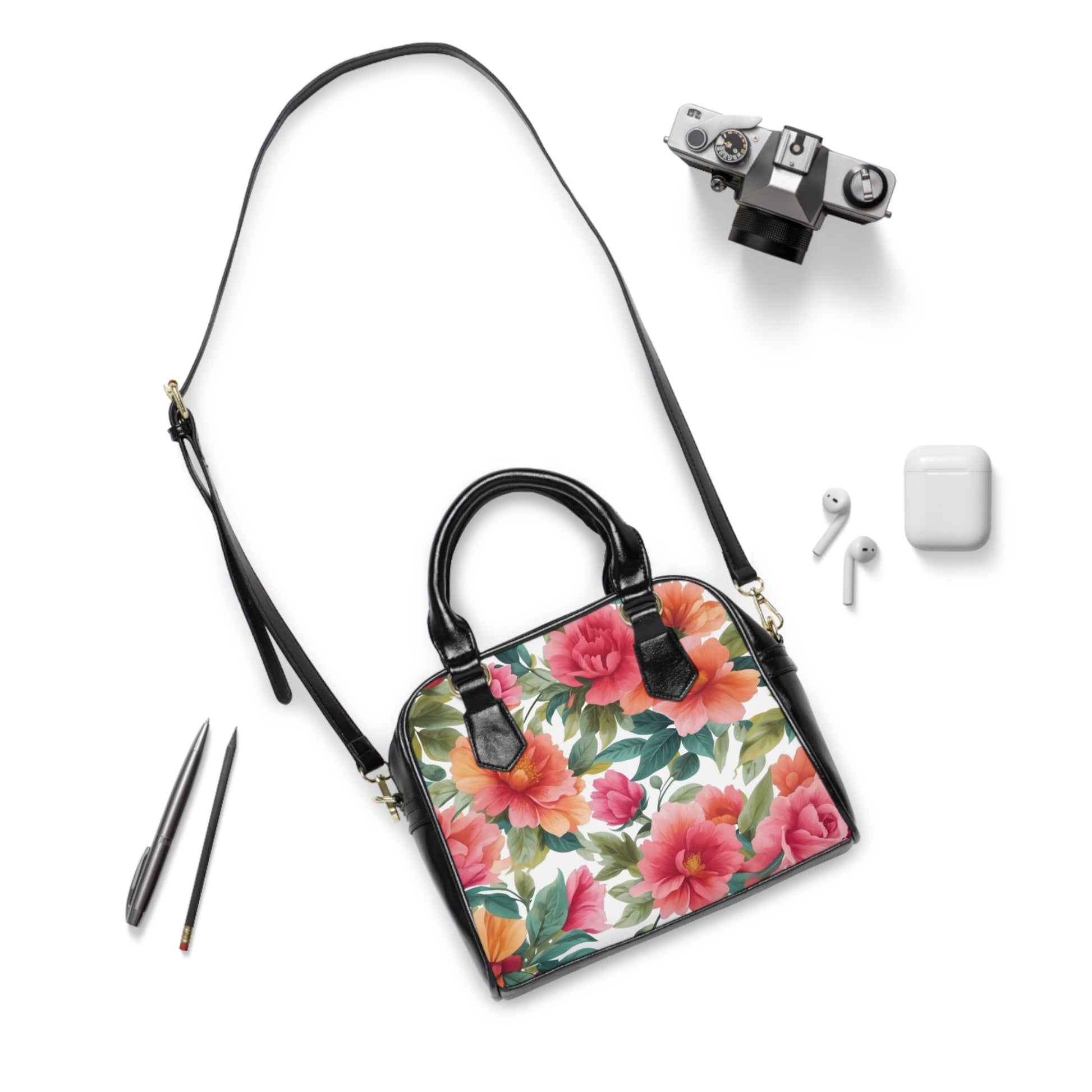 Shoulder Handbag - Floral - 9.45’’ x 8.27’’ / Black - Bags