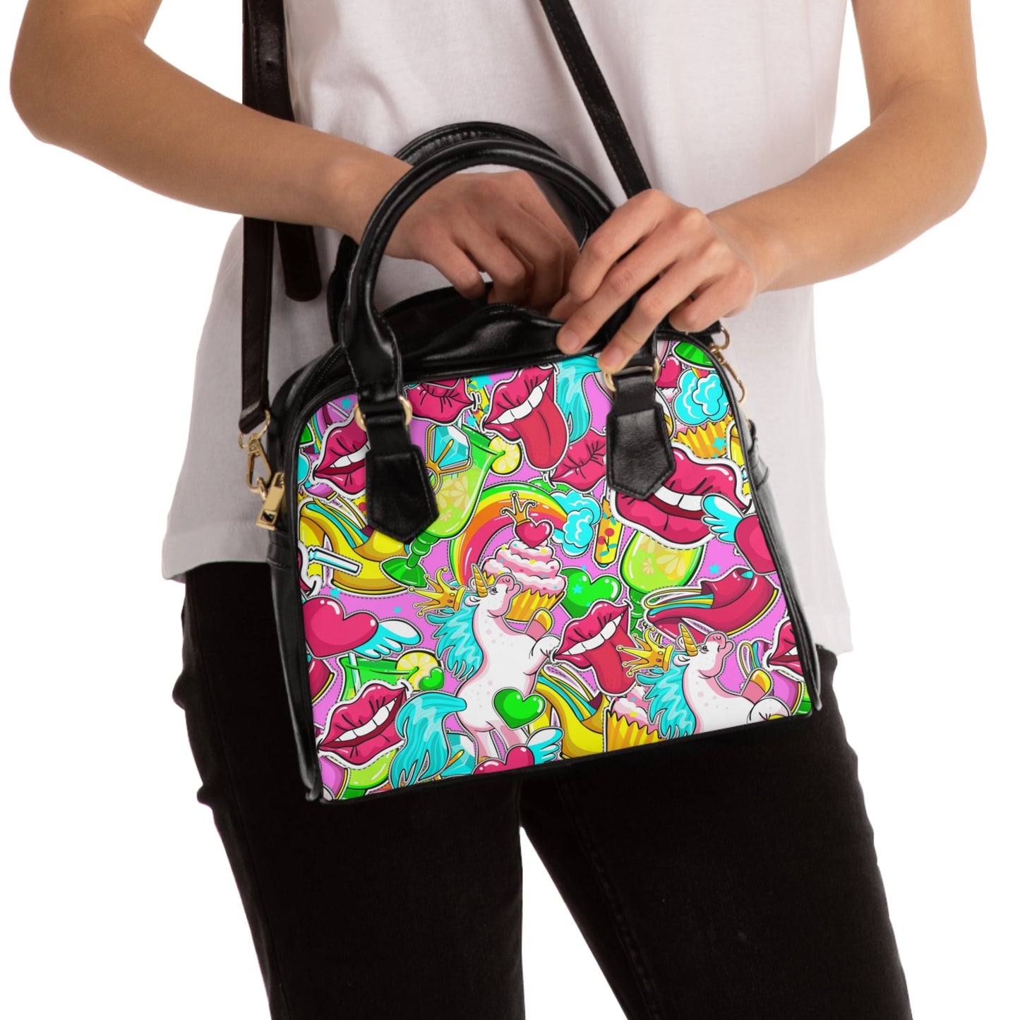 Shoulder Handbag- Unicorn Pattern - 9.45’’ x 8.27’’ / Black - Bags