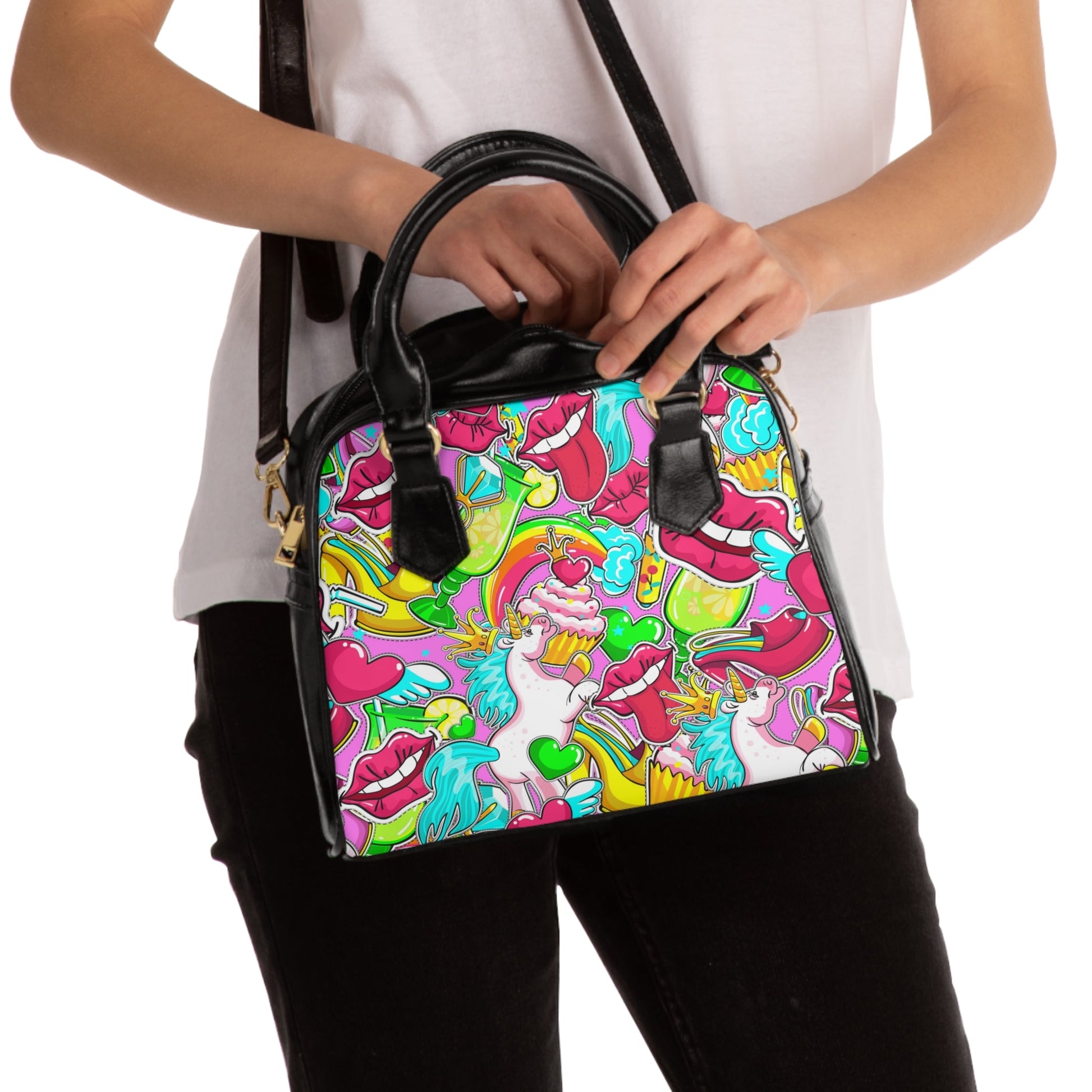 Shoulder Handbag- Unicorn Pattern - 9.45’’ x 8.27’’ / Black - Bags