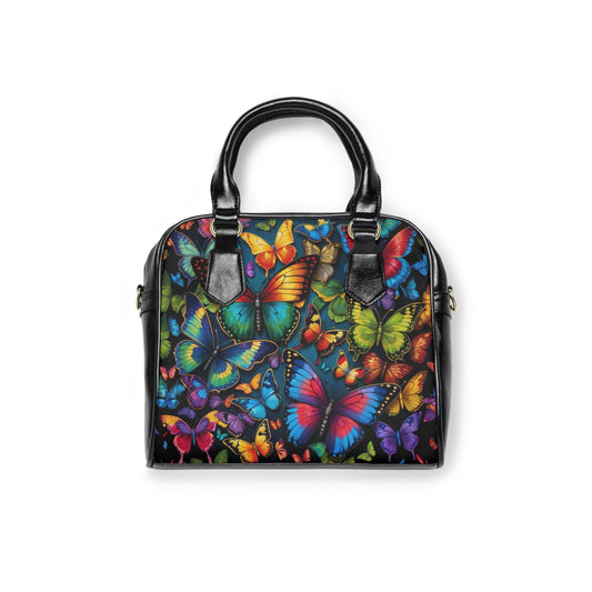 Shoulder Handbag - Vibrant Butterfly Print - 9.45’’ x 8.27’’ / Black - Bags