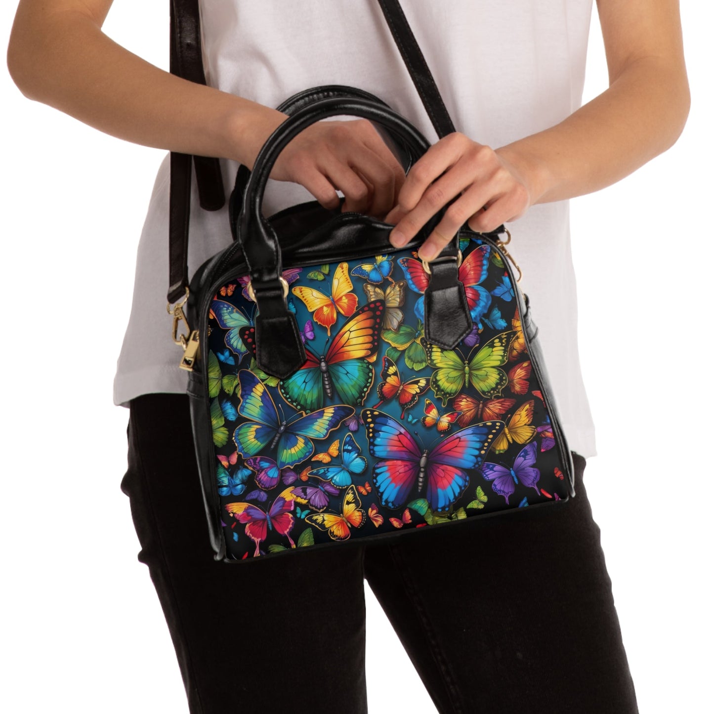 Shoulder Handbag - Vibrant Butterfly Print - 9.45’’ x 8.27’’ / Black - Bags