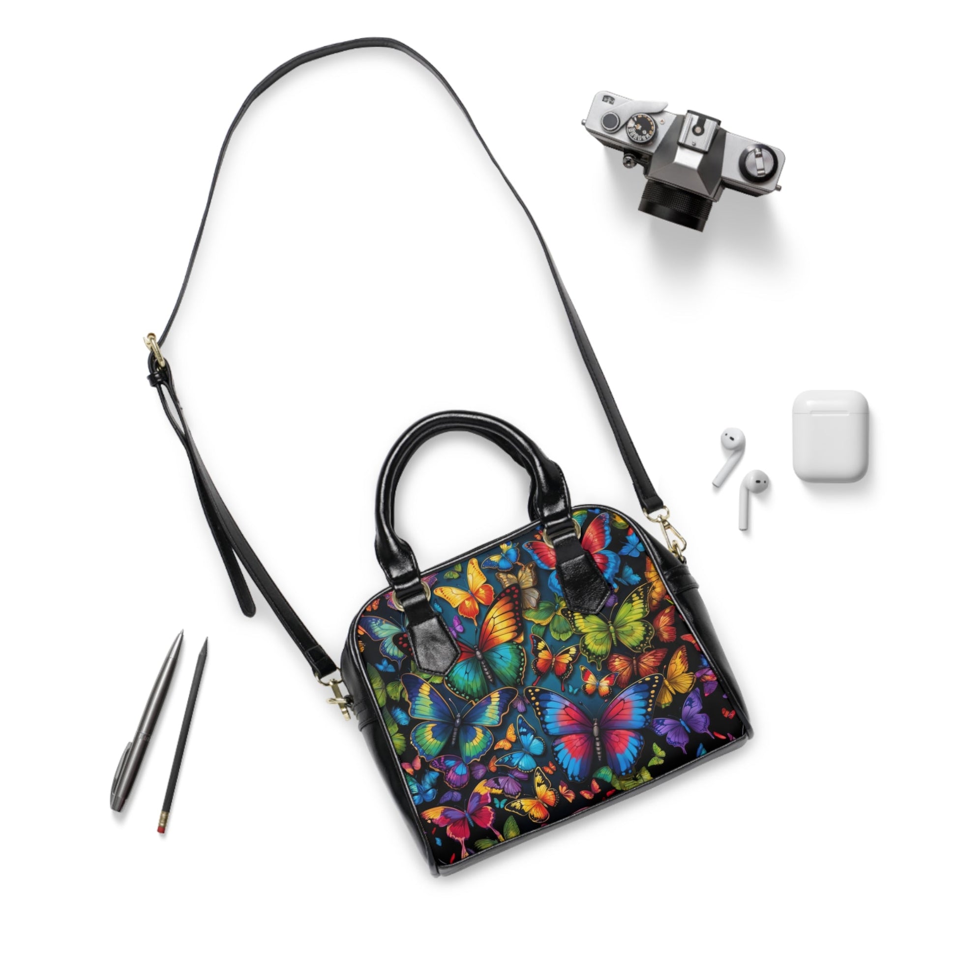 Shoulder Handbag - Vibrant Butterfly Print - 9.45’’ x 8.27’’ / Black - Bags
