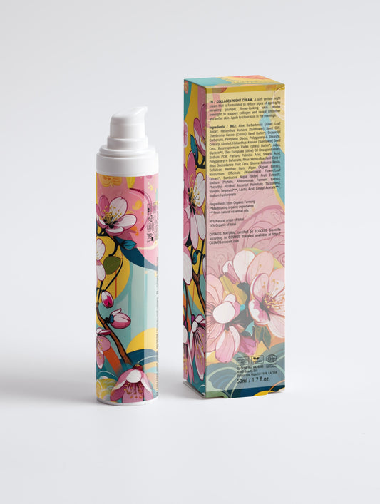Cosmetic tube and packaging with floral design on a white background