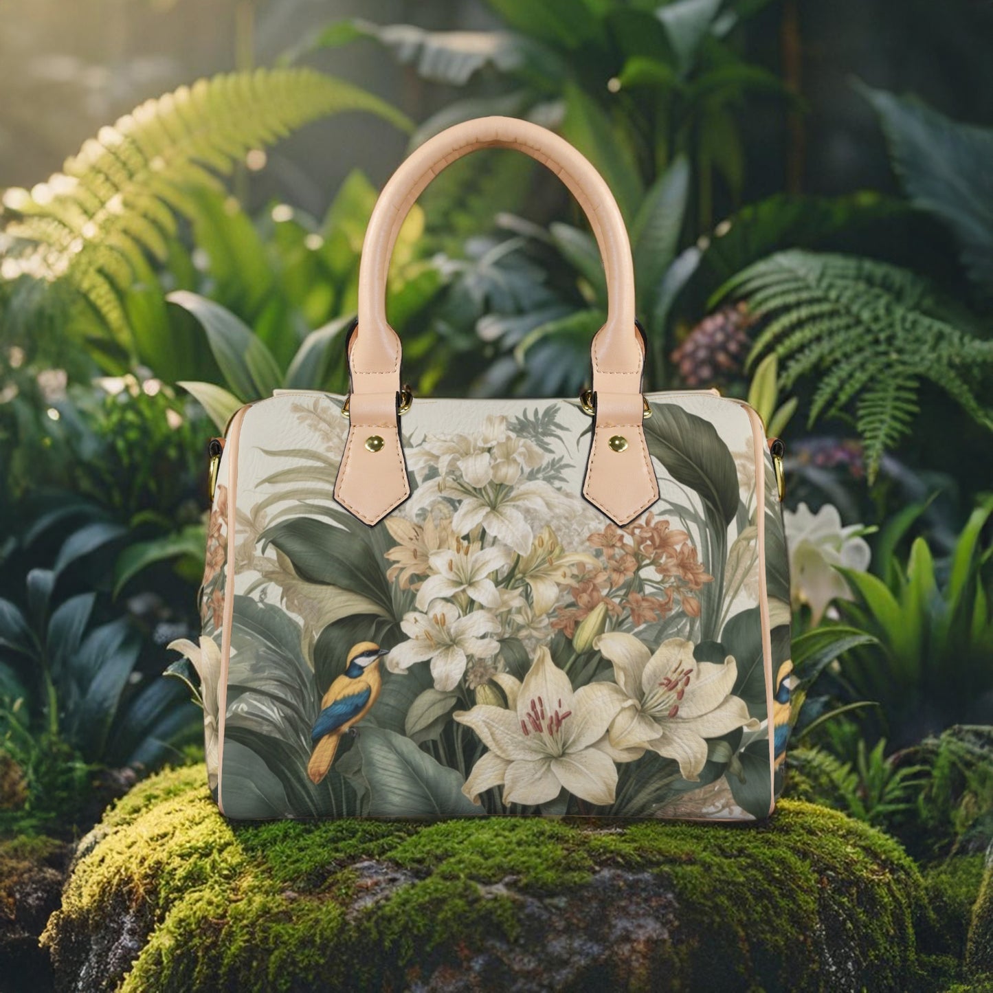 Tropical Floral Bird Print PU Leather Handbag