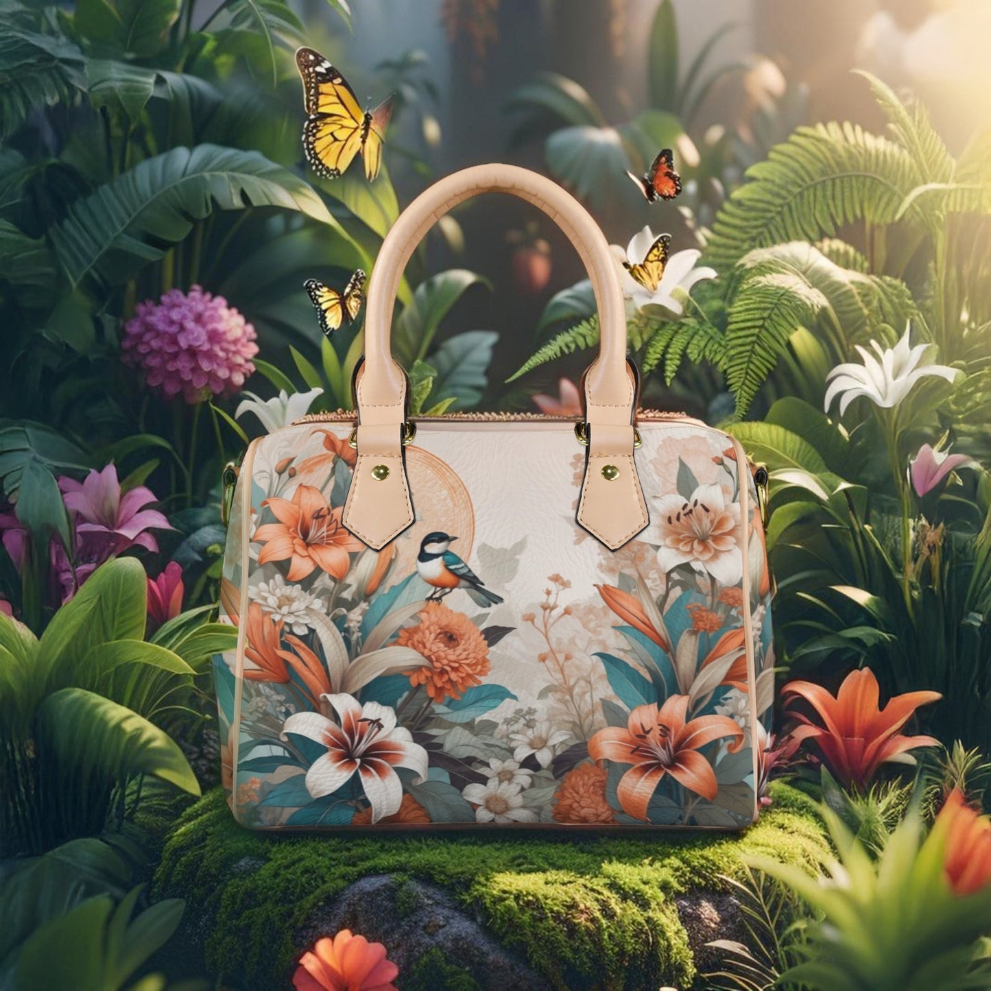 Elegant PU Leather Handbag with Floral & Bird Print