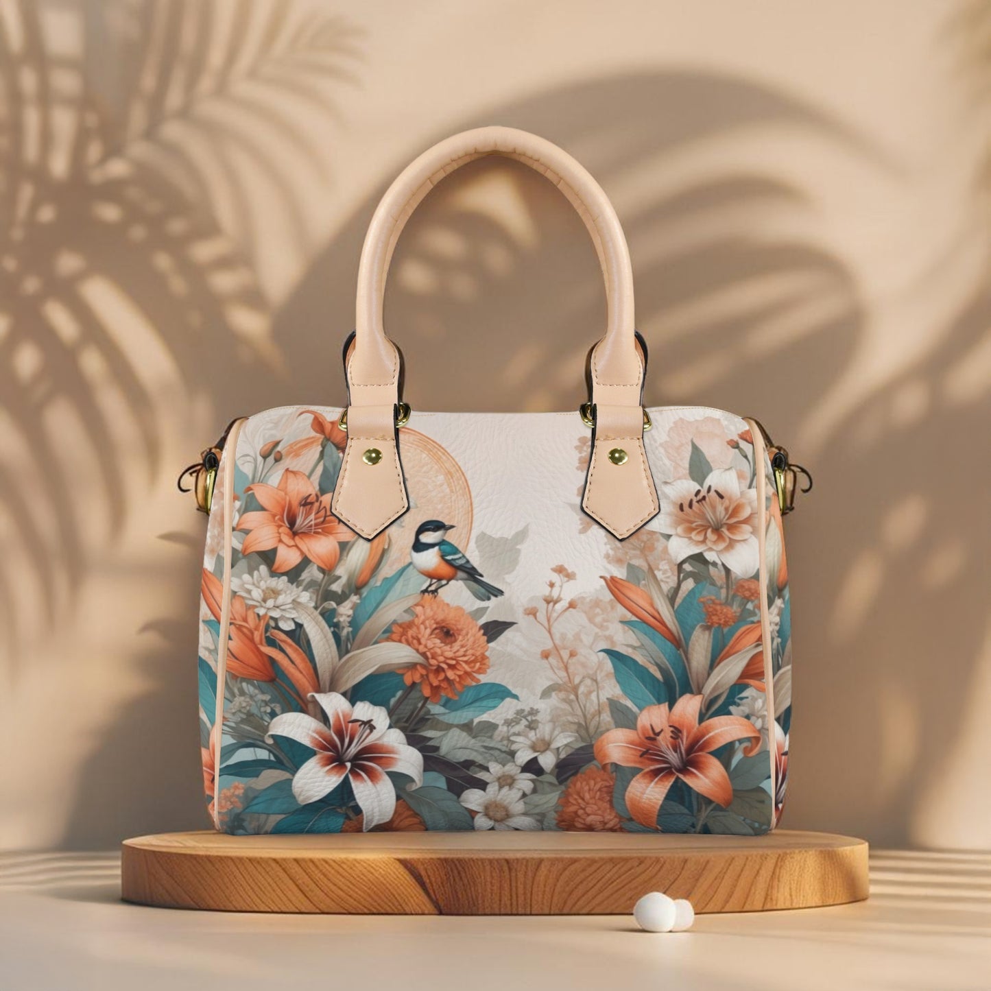 Elegant PU Leather Handbag with Floral & Bird Print