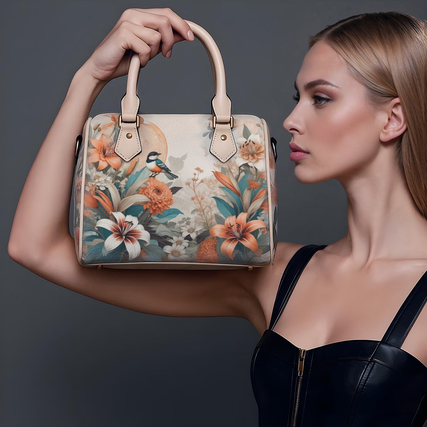 Elegant PU Leather Handbag with Floral & Bird Print