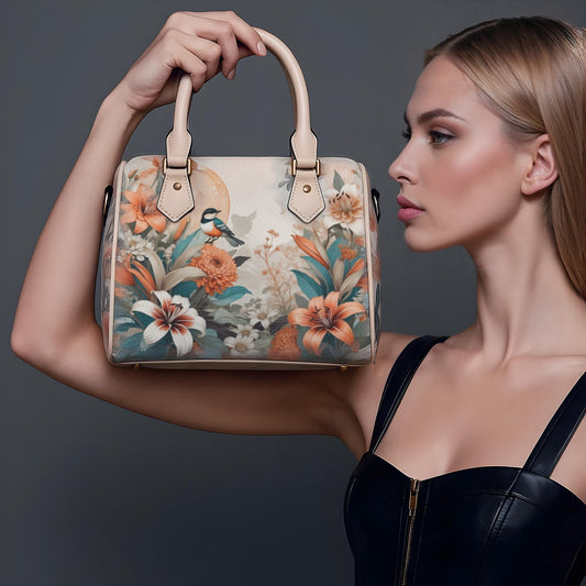 Elegant PU Leather Handbag with Floral & Bird Print