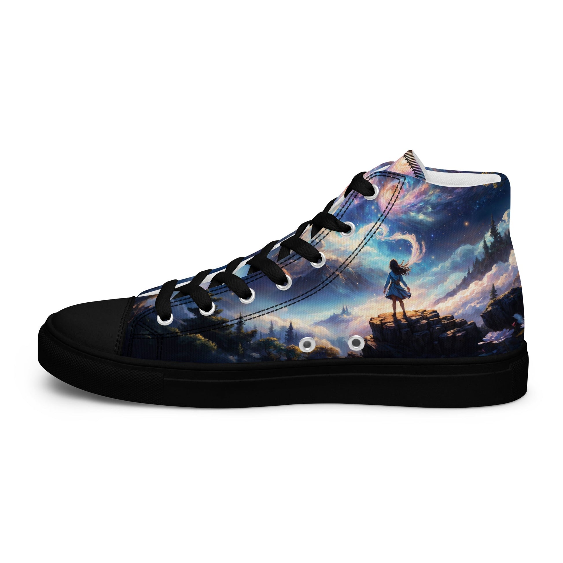 High Top Canvas Shoes, featuring a breathtaking illustration of a girl standing under a starry sky