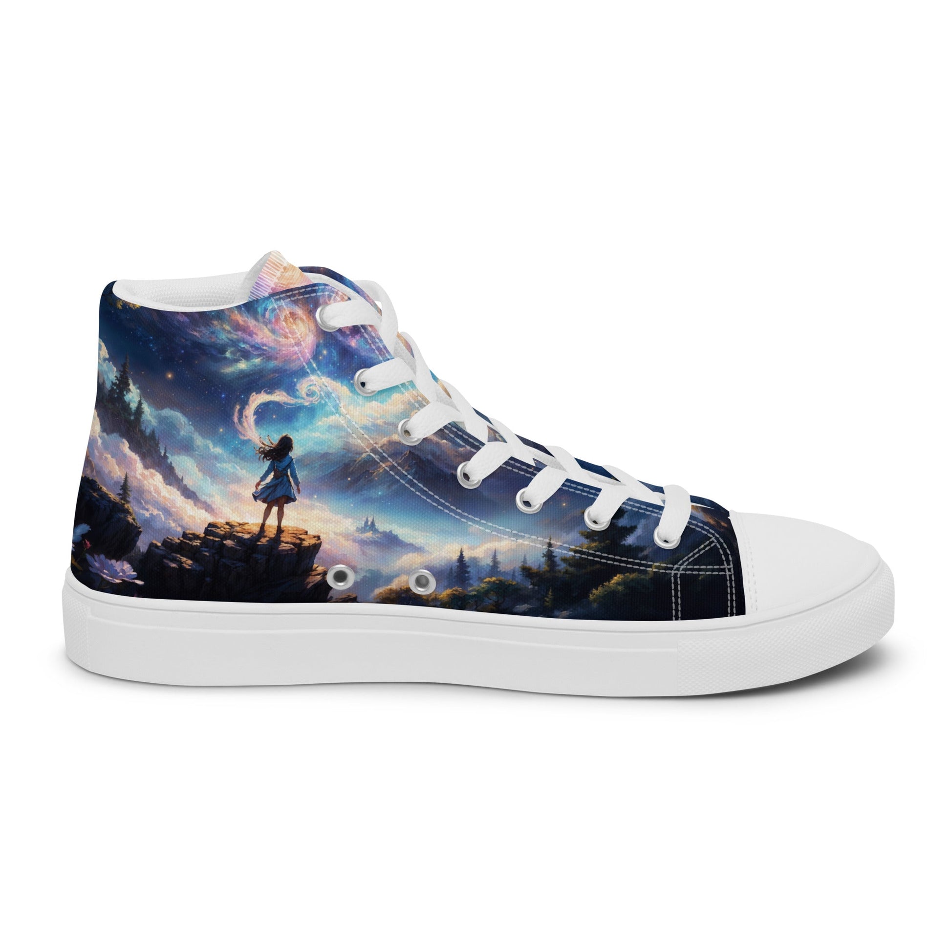 High Top Canvas Shoes, featuring a breathtaking illustration of a girl standing under a starry sky
