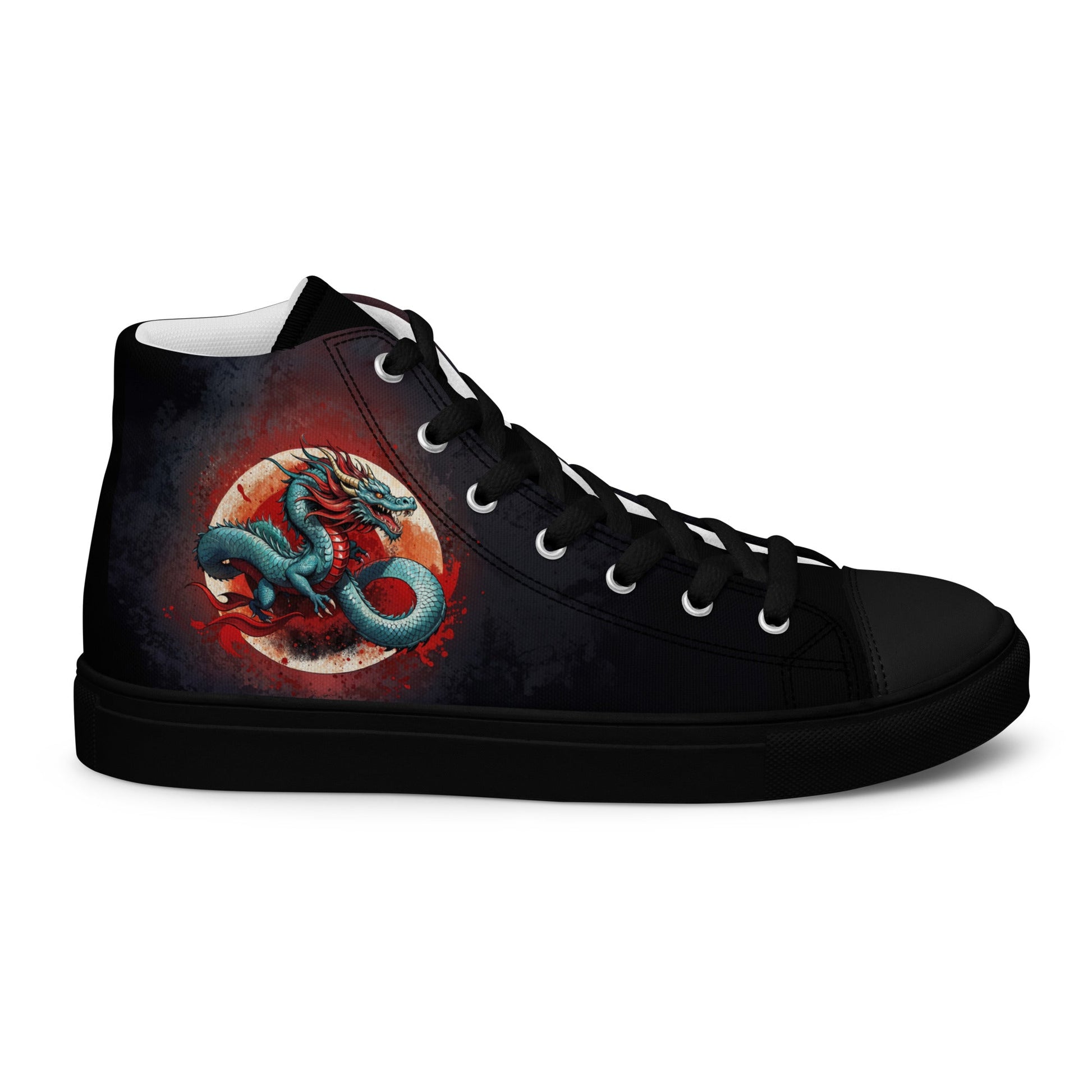 High Top Canvas Shoes, featuring a striking design of a dragon against a fiery moonlit background.