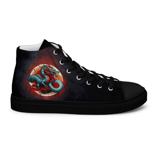 High Top Canvas Shoes, featuring a striking design of a dragon against a fiery moonlit background.