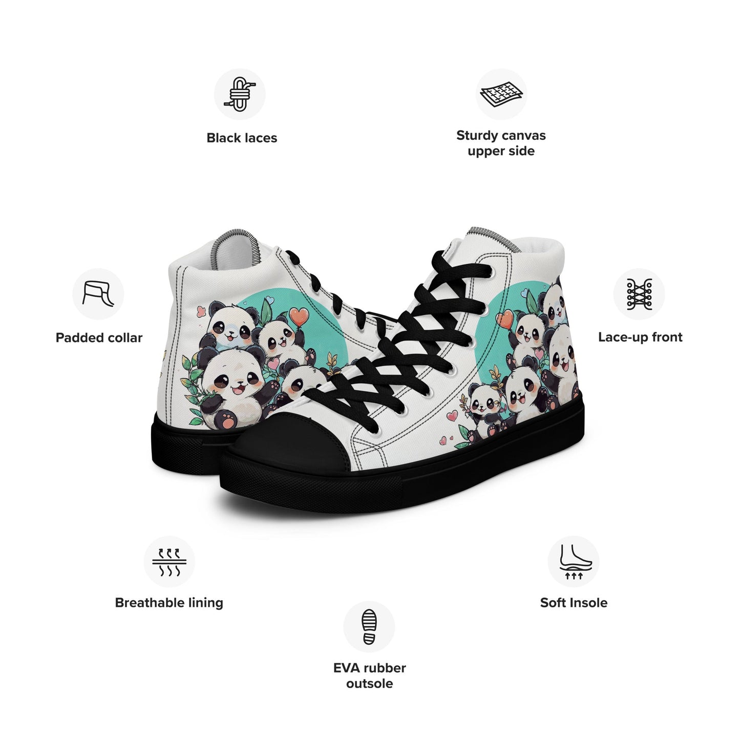 Unisex high top canvas shoes - Cute Pandas - Shoes