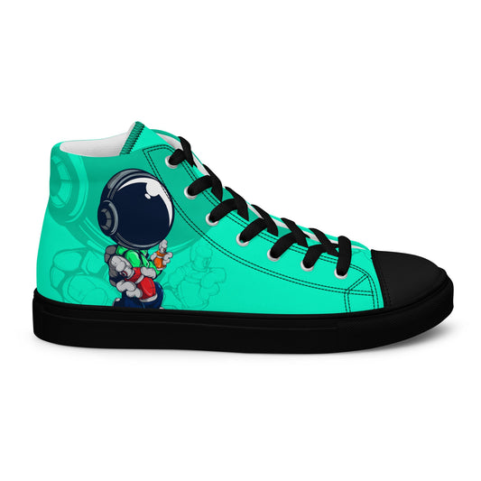 High Top Canvas Shoes, featuring a playful astronaut illustration on a vibrant teal background.