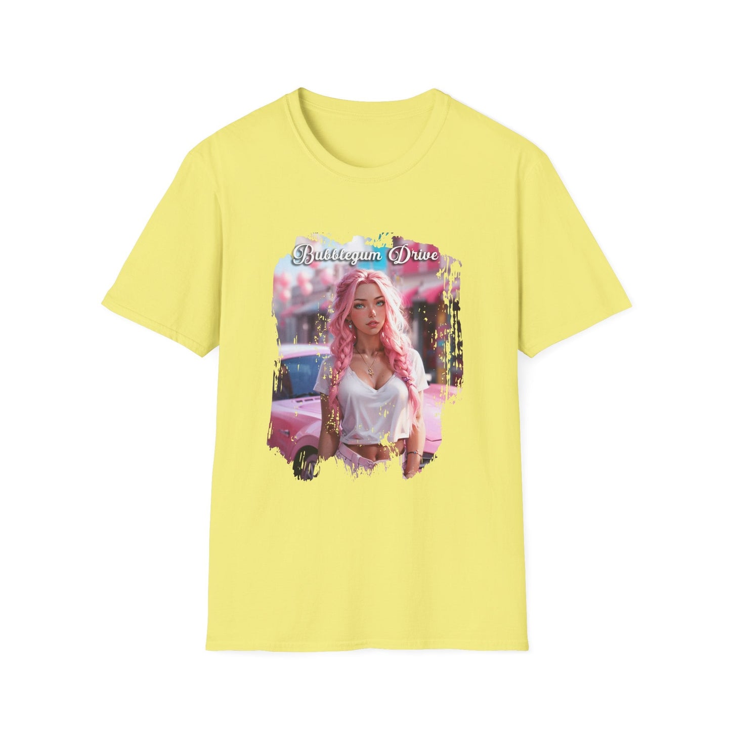 Unisex Softstyle T-Shirt - Bubblegum Drive Elegant Pink Car - Cornsilk / S - T-Shirt