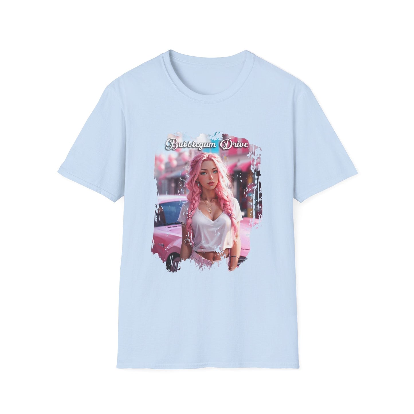 Unisex Softstyle T-Shirt - Bubblegum Drive Elegant Pink Car - Light Blue / S - T-Shirt