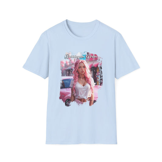 Unisex Softstyle T-Shirt - Bubblegum Drive Elegant Pink Car - Light Blue / S - T-Shirt
