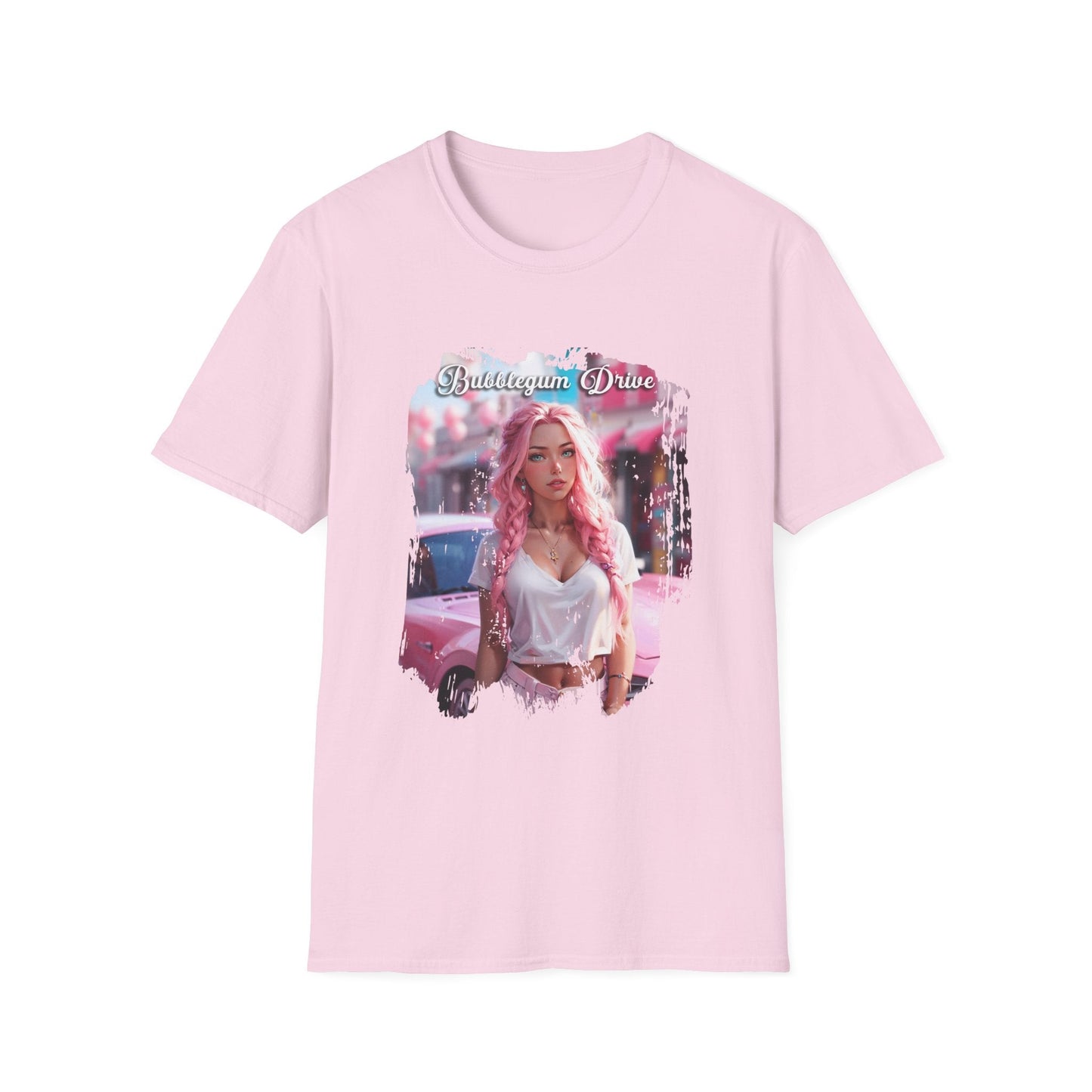 Unisex Softstyle T-Shirt - Bubblegum Drive Elegant Pink Car - Light Pink / S - T-Shirt
