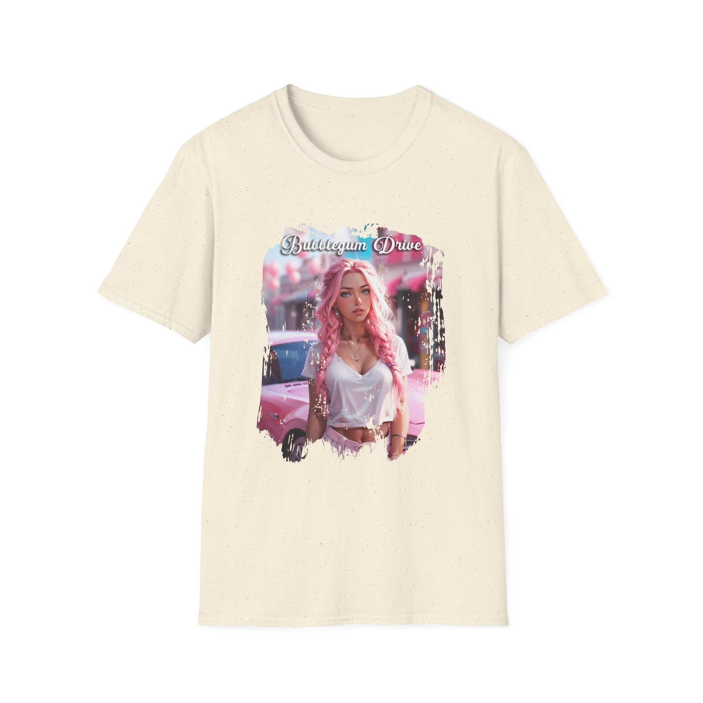 Unisex Softstyle T-Shirt - Bubblegum Drive Elegant Pink Car - Natural / S - T-Shirt