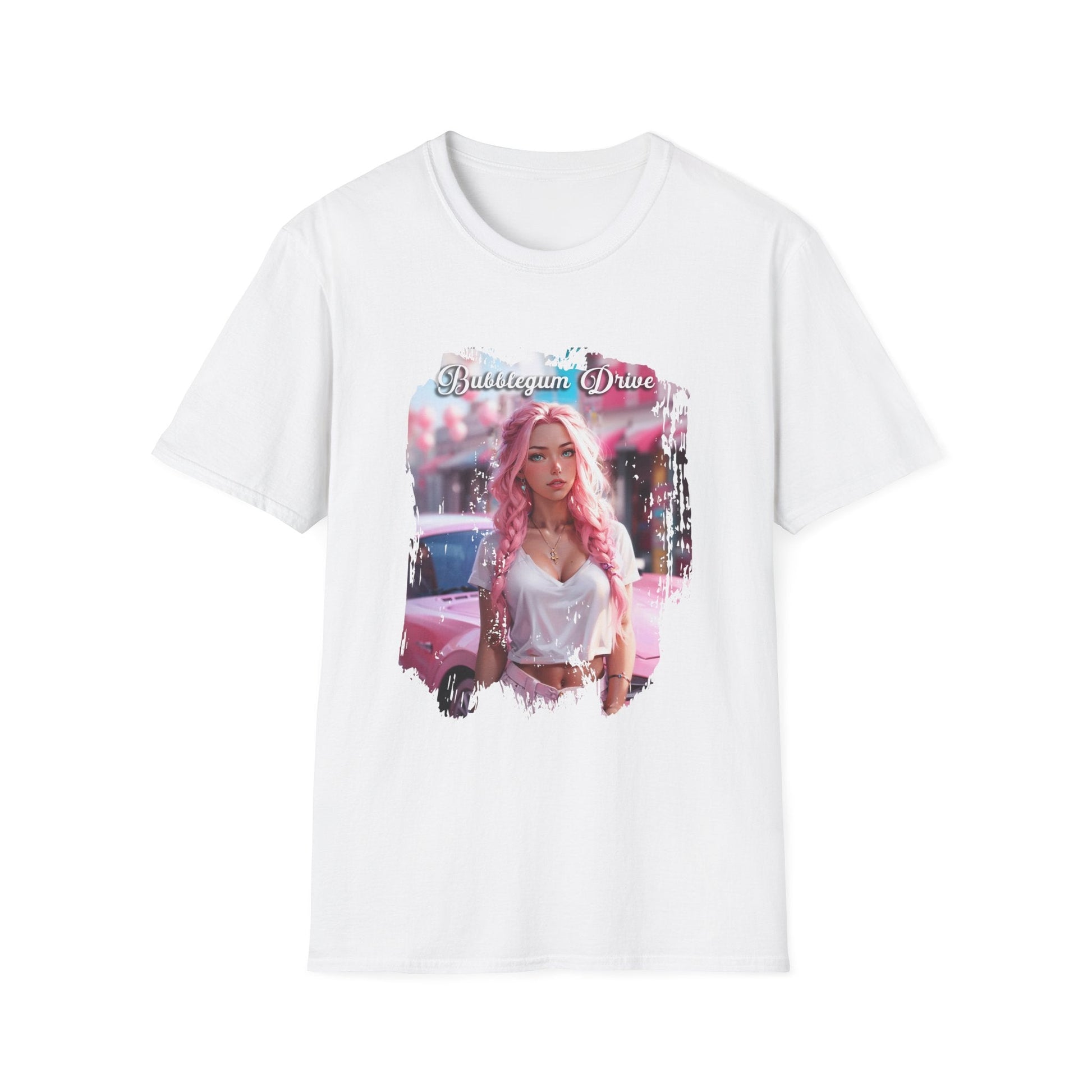 Unisex Softstyle T-Shirt - Bubblegum Drive Elegant Pink Car - White / XS - T-Shirt