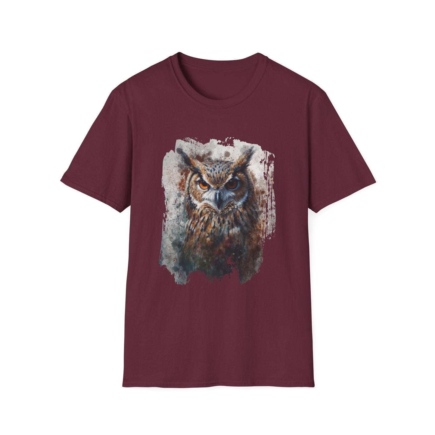 Unisex Softstyle T-Shirt- Enchanting Watercolor Owl Illustration - Maroon / S - T-Shirt