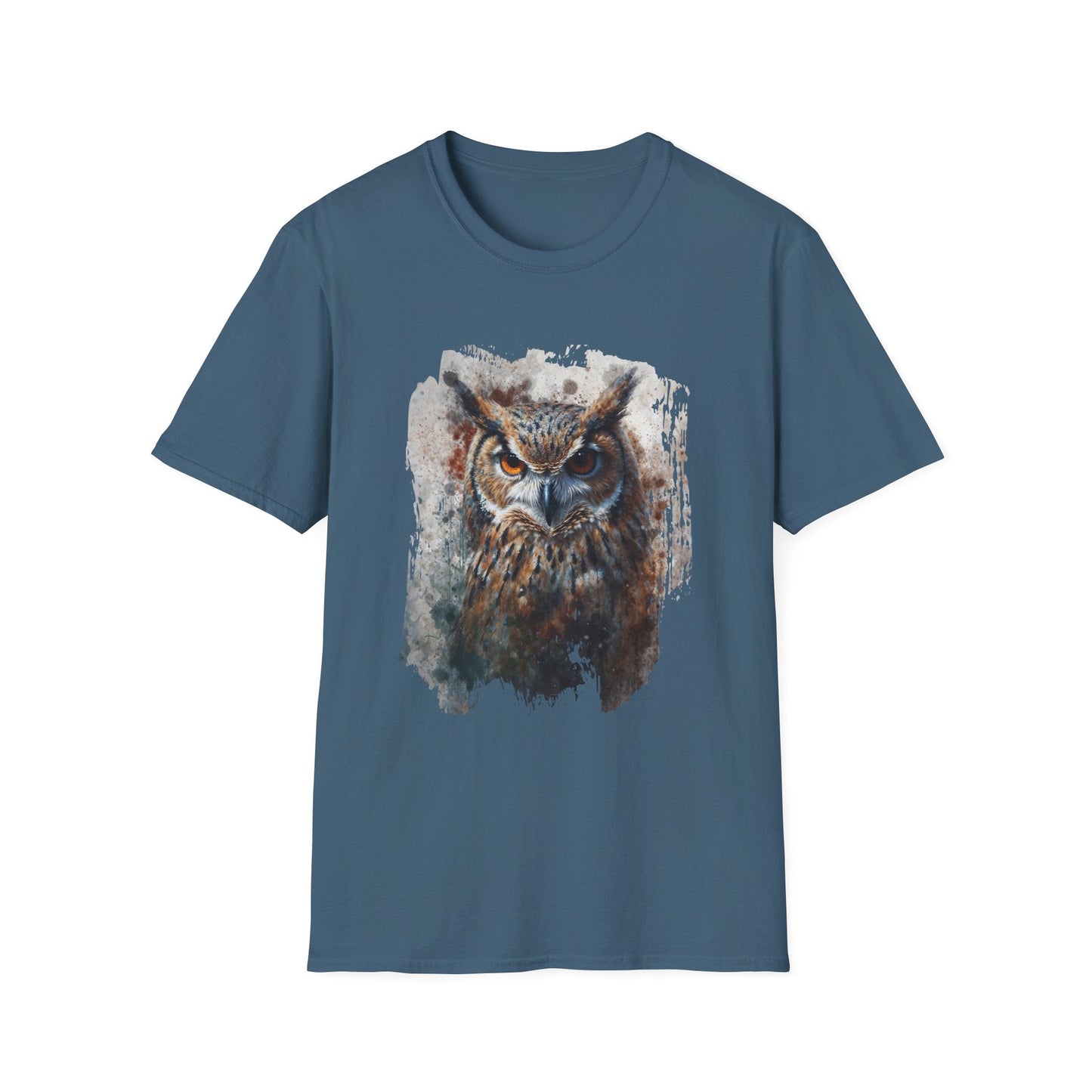 Unisex Softstyle T-Shirt- Enchanting Watercolor Owl Illustration - Indigo Blue / S - T-Shirt