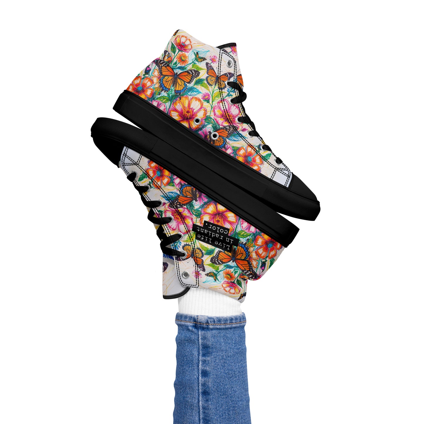 Women's Floral Canvas High-Tops – Colorful Butterfly Print Artistic Sneakers