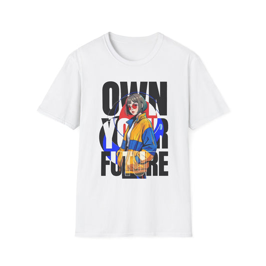 White t-shirt with graphic design and text on a white background, anime style