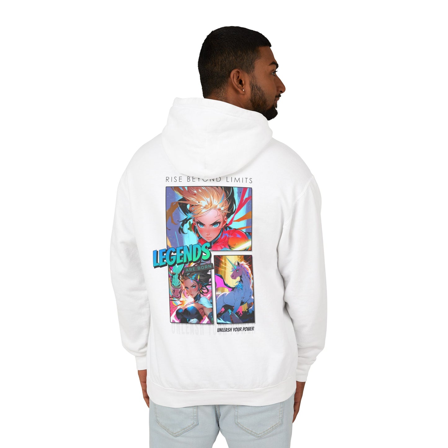 Person wearing a white hoodie with colorful graphic designs on the back