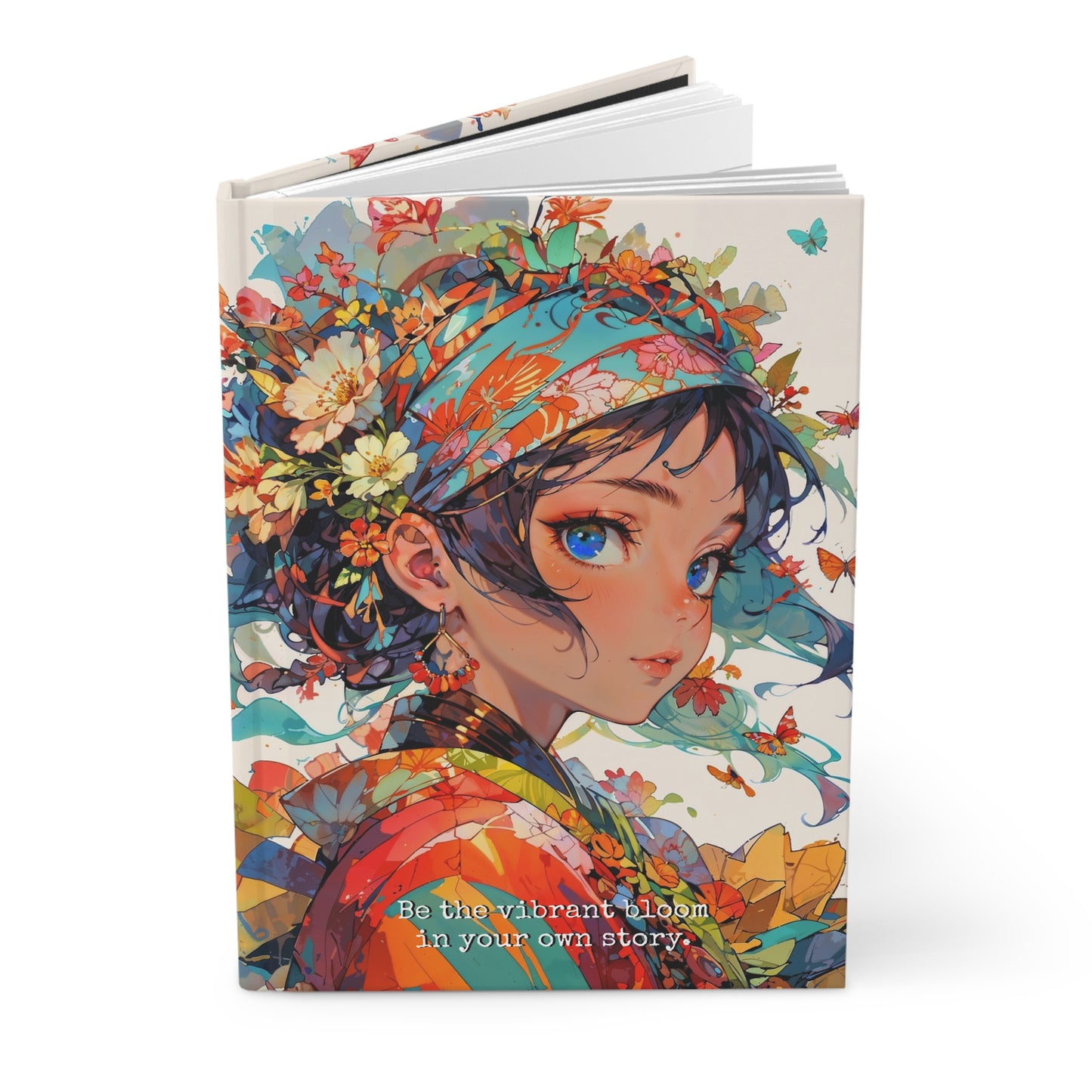 Hardcover Journal Matte -  Floral Anime Muse Illustration,  A5