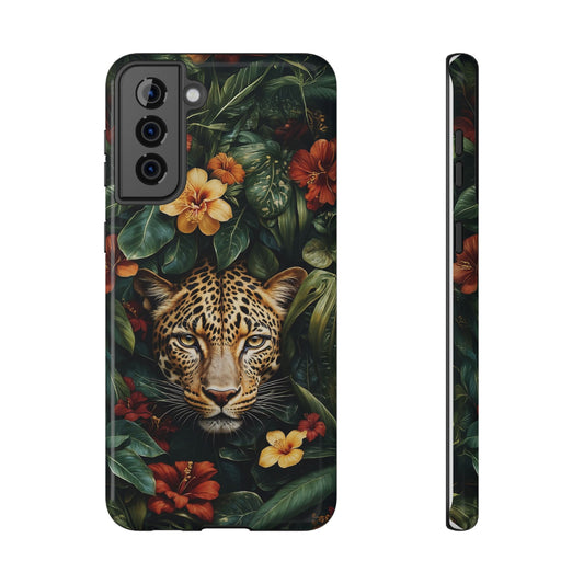 Phone case with a leopard design surrounded by flowers and leaves