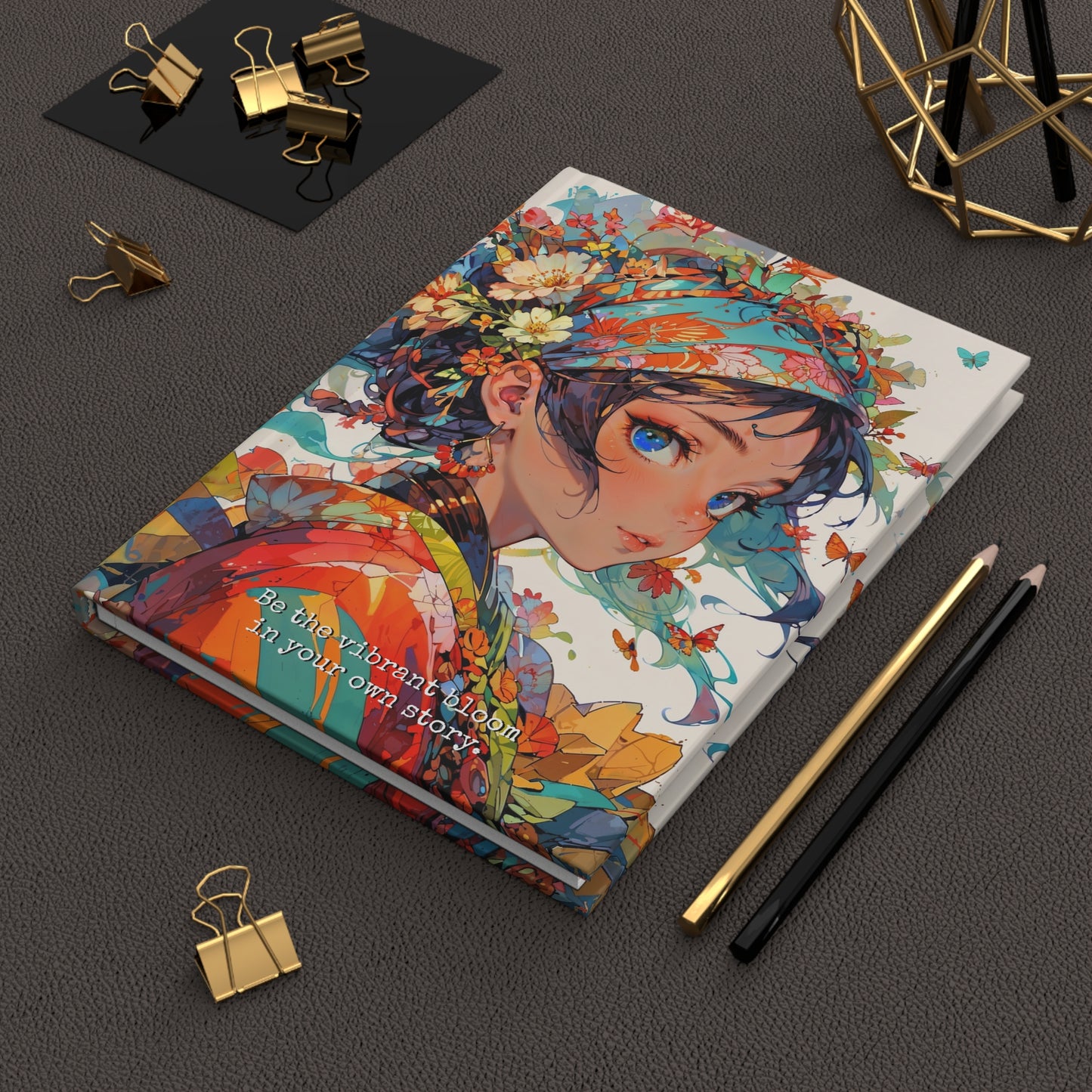 Hardcover Journal Matte -  Floral Anime Muse Illustration,  A5