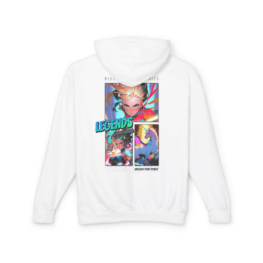 White hoodie with colorful graphic design on the back against a white background