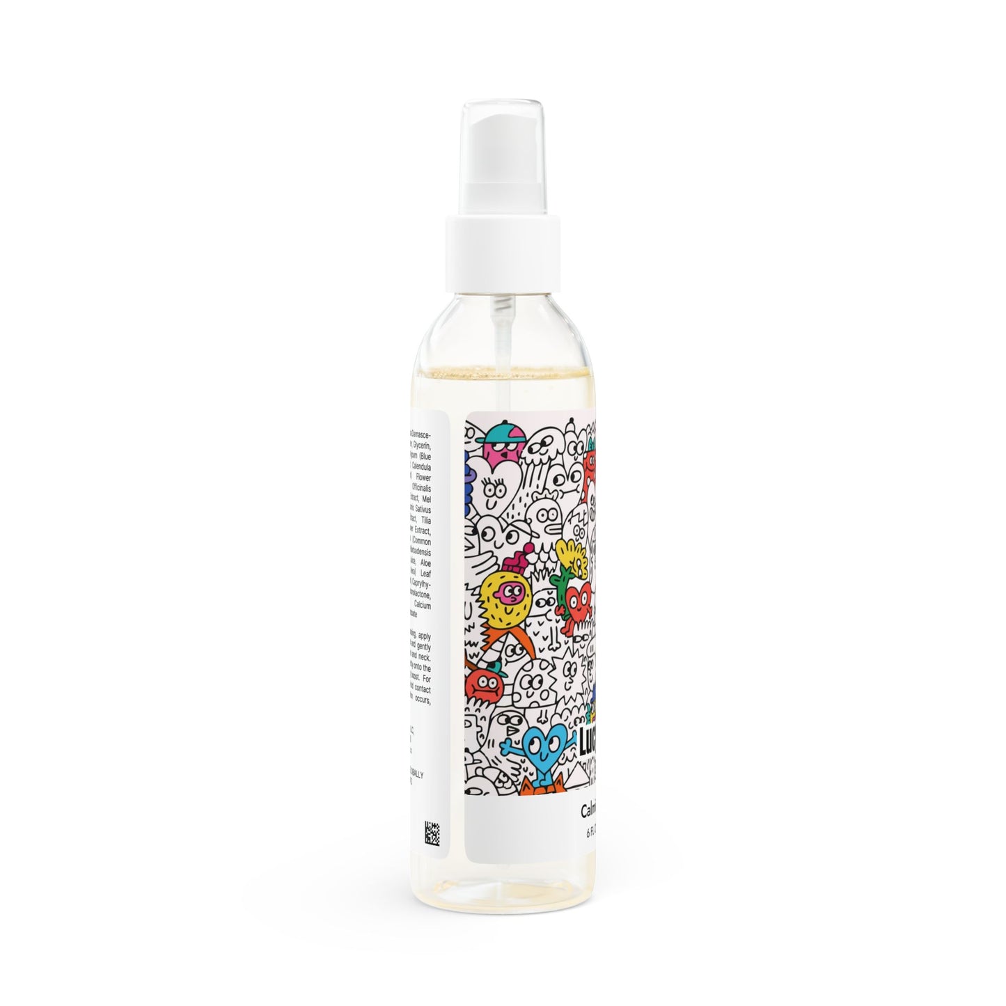 Spray bottle with colorful cartoon labels on a white background