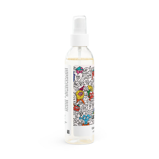 Spray bottle with colorful cartoon labels on a white background