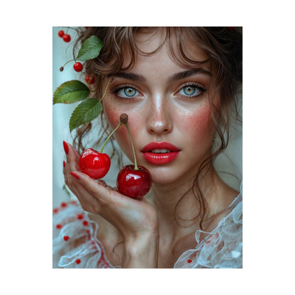 Artistic Satin Poster Print: Young Woman Holding Cherries
