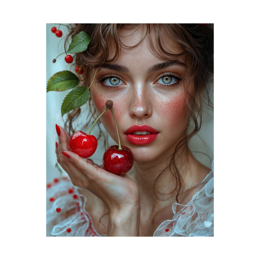 Artistic Satin Poster Print: Young Woman Holding Cherries