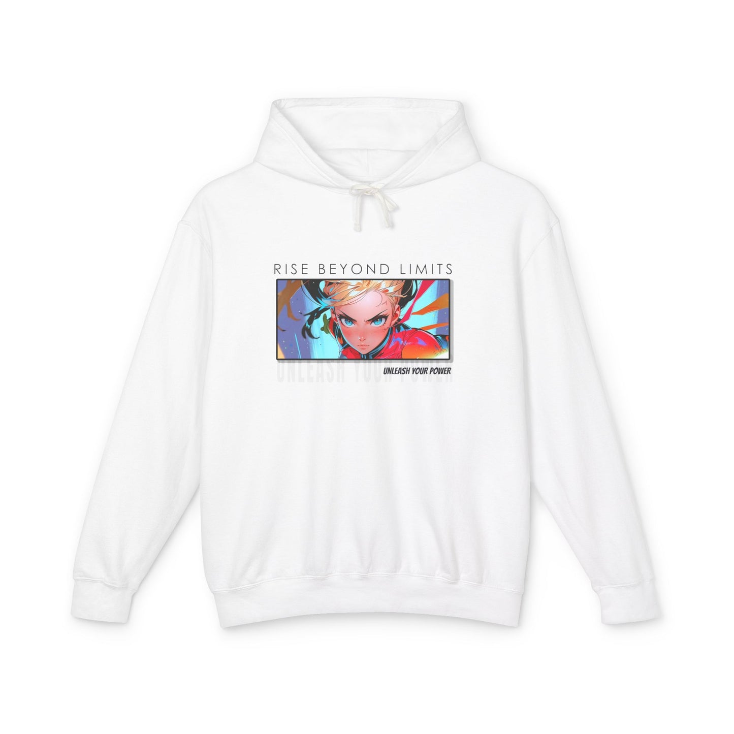 White hoodie with colorful graphic and text on a white background