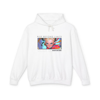 White hoodie with colorful graphic and text on a white background