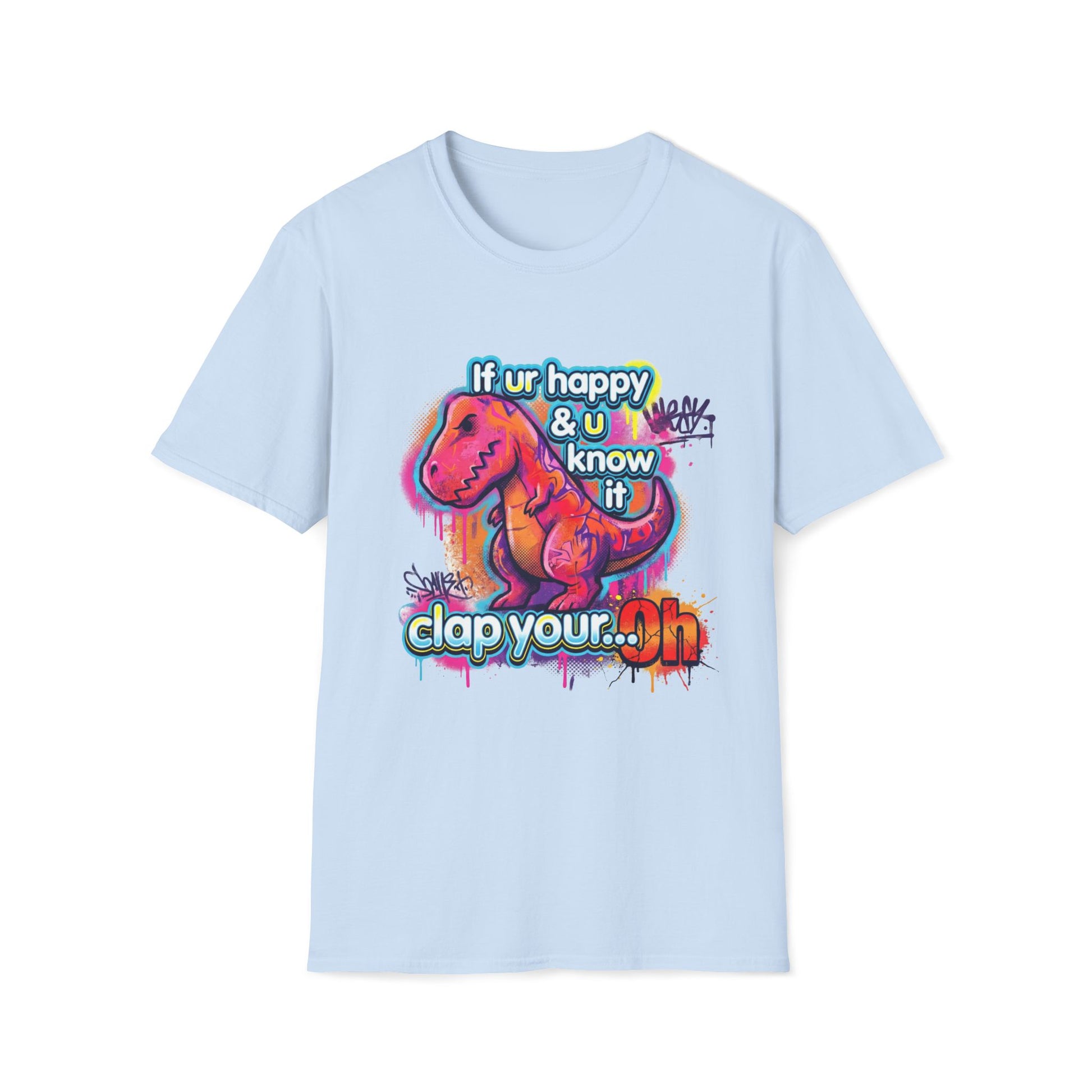 Light blue t-shirt with colorful dinosaur graphic and text on a white background