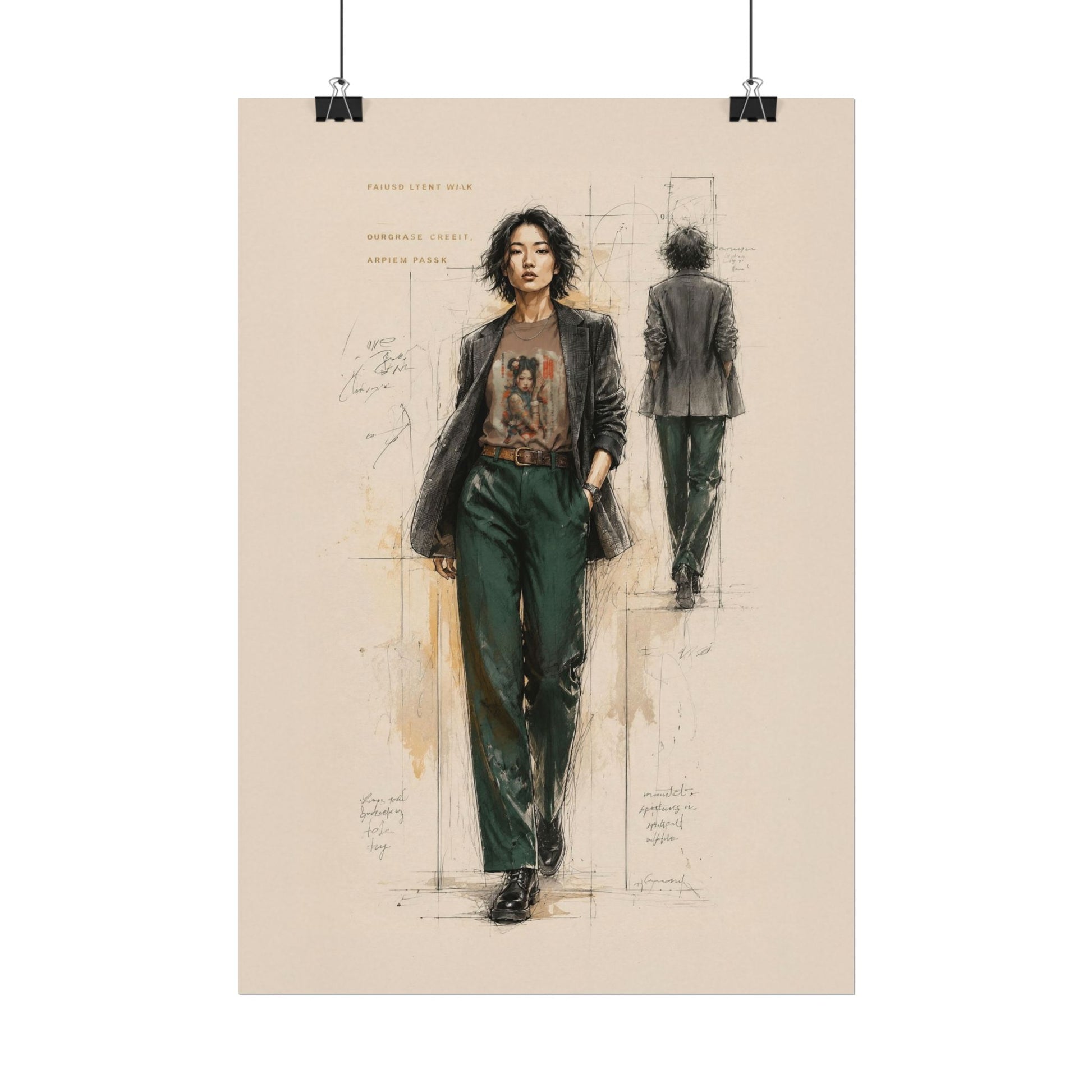 Fashion illustration of a person wearing a suit and shirt with design sketches on a beige background